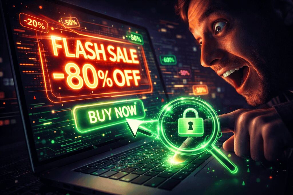 Pessoa empolgada prestes a clicar em uma oferta imperdível na internet com um ícone de verificação de segurança