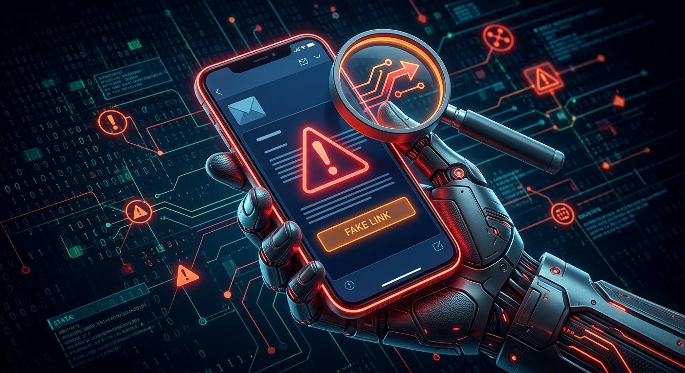 Ilustração de smartphone exibindo e-mail suspeito com alerta de phishing