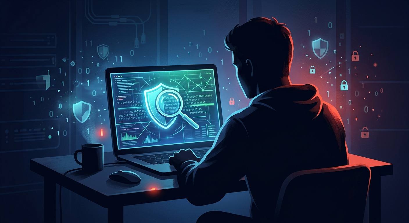 Pessoa de costas em frente ao notebook analisando um alerta de segurança com escudo e lupa na tela