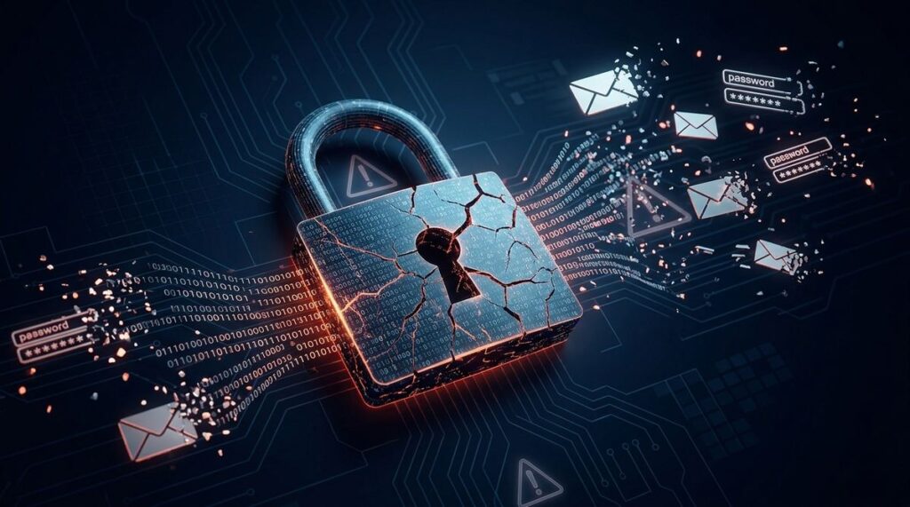 Ilustração de vazamento de dados: cadeado digital quebrado liberando senhas e e-mails na internet