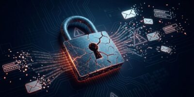 Ilustração de vazamento de dados: cadeado digital quebrado liberando senhas e e-mails na internet