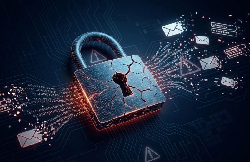 Ilustração de vazamento de dados: cadeado digital quebrado liberando senhas e e-mails na internet
