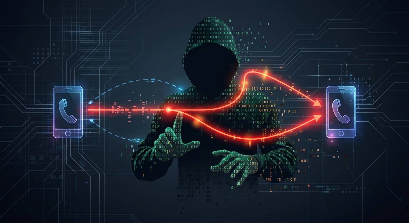 Ilustração conceitual de uma ligação telefônica interceptada e duplicada por um golpista