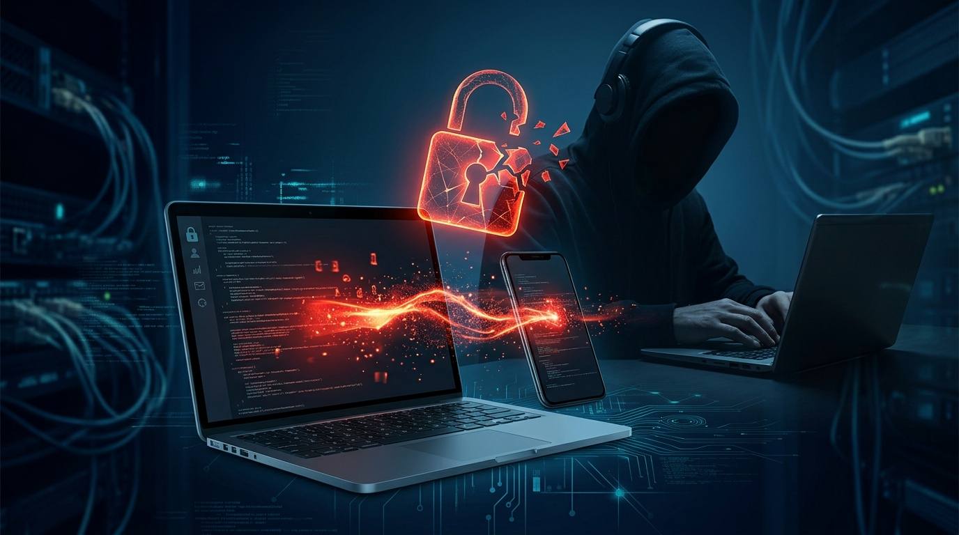 Ilustração de golpista com acesso remoto a laptop e smartphone via conexão fraudulenta