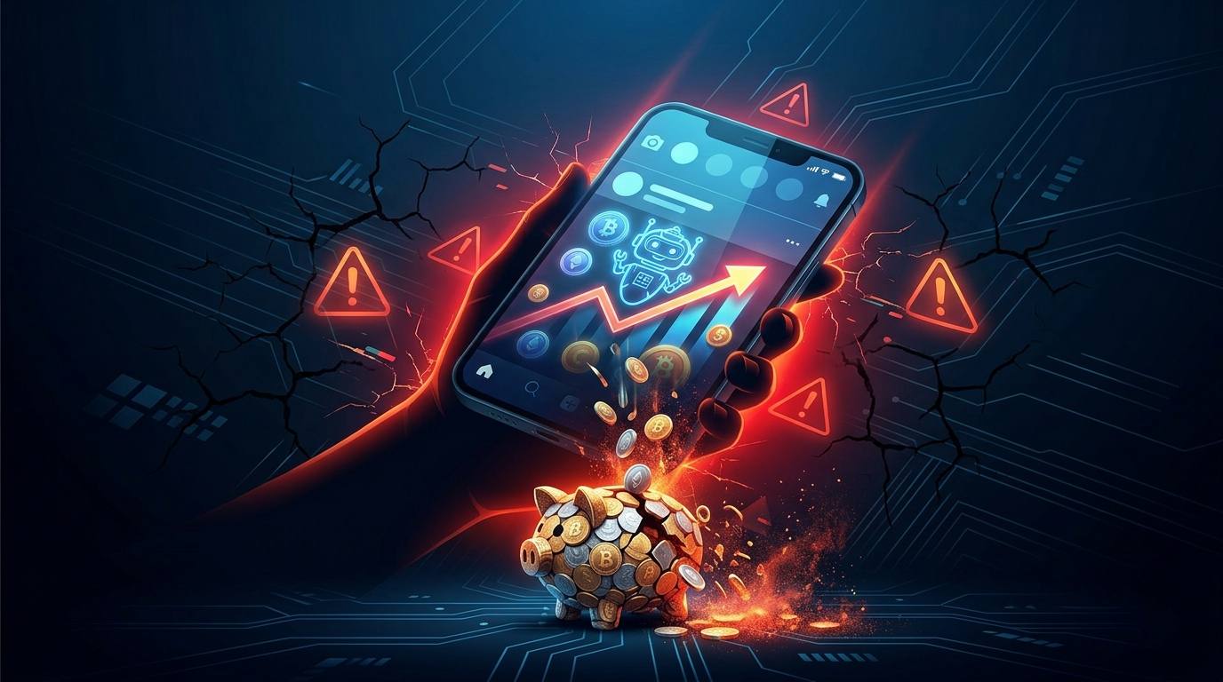 Ilustração de smartphone com robô de trading falso e cofrinho de moedas se quebrando