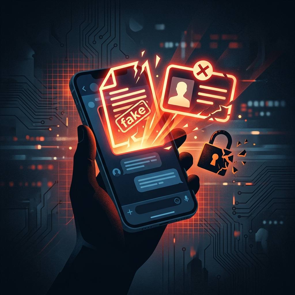 Ilustração simbólica de um golpe de vaga de emprego falsa capturando dados pessoais