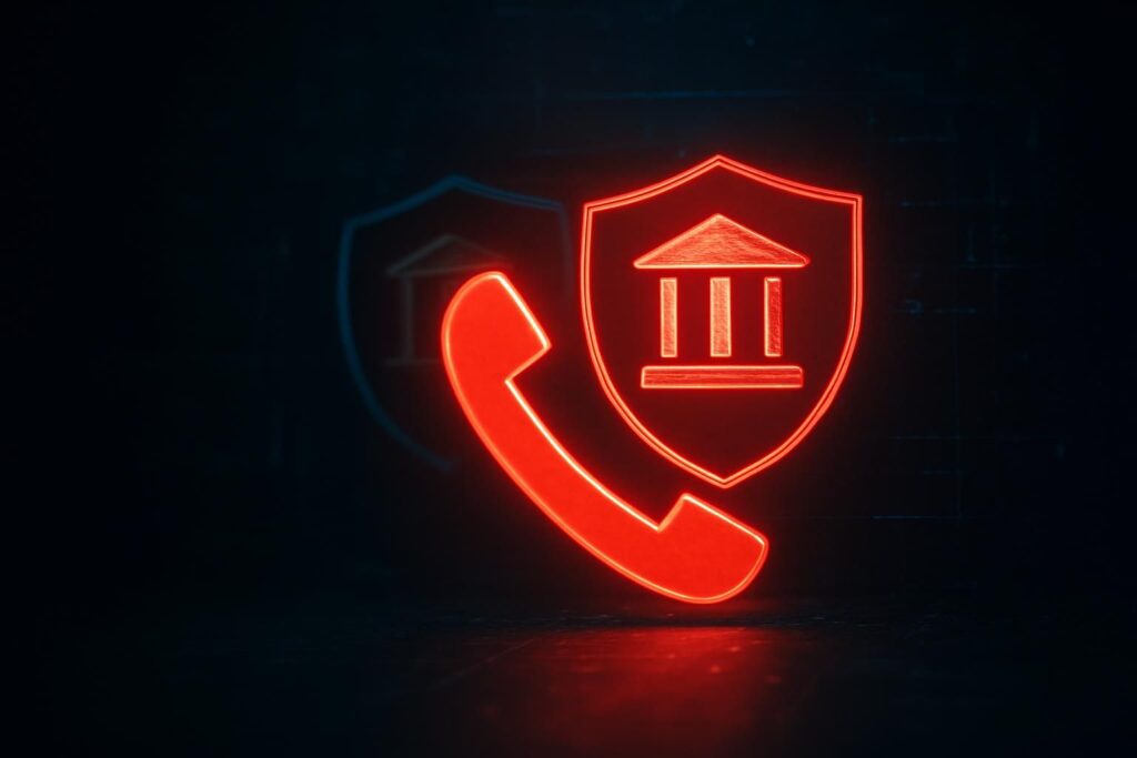 Ícone de chamada telefônica com escudo bancário duplicado, representando o golpe da falsa central bancária