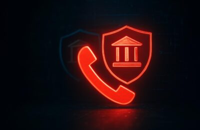Ícone de chamada telefônica com escudo bancário duplicado, representando o golpe da falsa central bancária