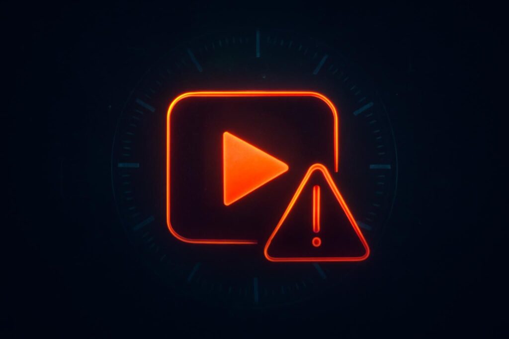 Ícone de botão de play com triângulo de alerta sobreposto, representando o golpe da falsa renovação de streaming