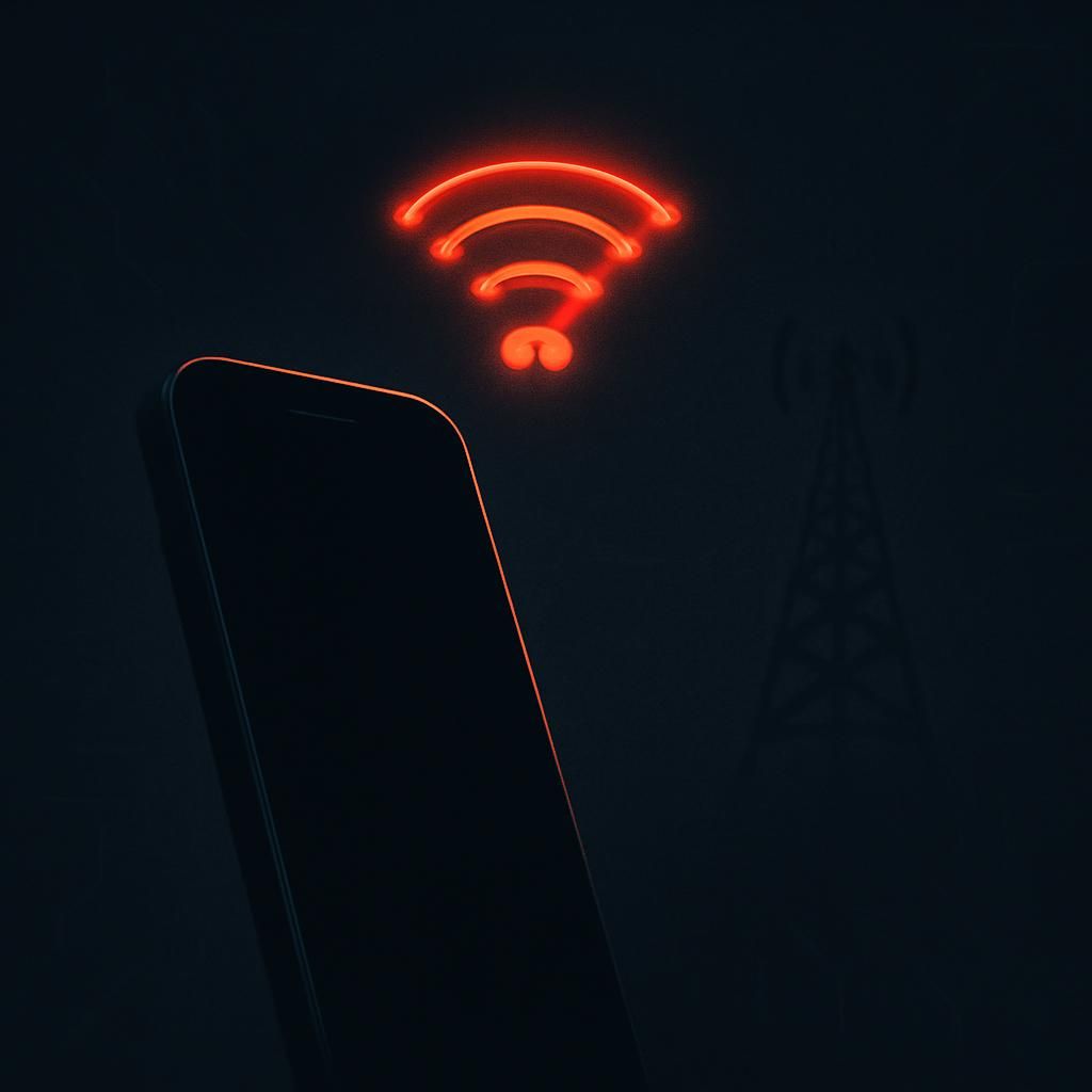 Smartphone sem sinal ao lado de um ícone de torre de rede desconectada, representando o golpe de SIM swap
