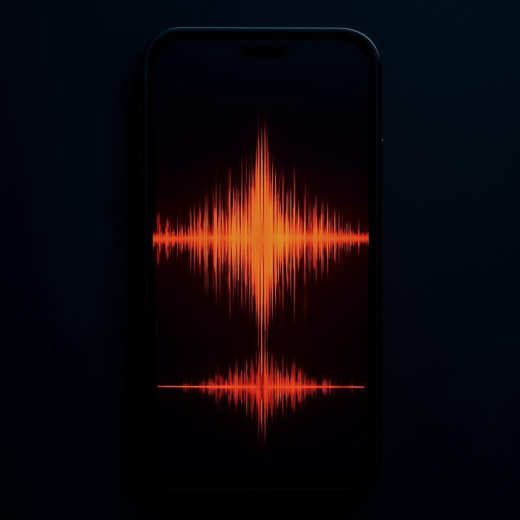 Celular com onda sonora duplicada em espelho, representando o golpe da voz clonada por IA