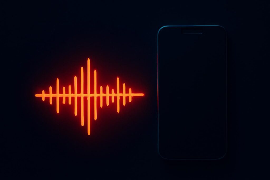 Ícone de onda sonora se duplicando, representando o golpe da voz clonada por inteligência artificial