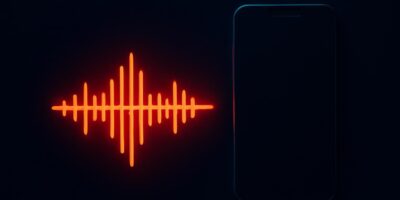 Ícone de onda sonora se duplicando, representando o golpe da voz clonada por inteligência artificial
